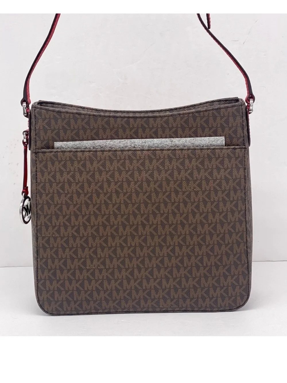 Michael Kors Brown Monogram Crossbody with Red Strap